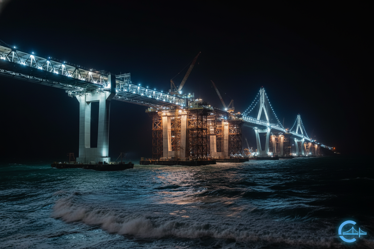 Black background with a bridge being built across oceans
